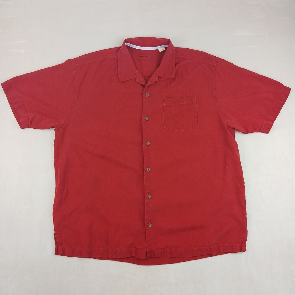 Tommy Bahama XL Mens Shirt Hawaiian Camp Red Jacquard Floral 25x29 FLAW‎